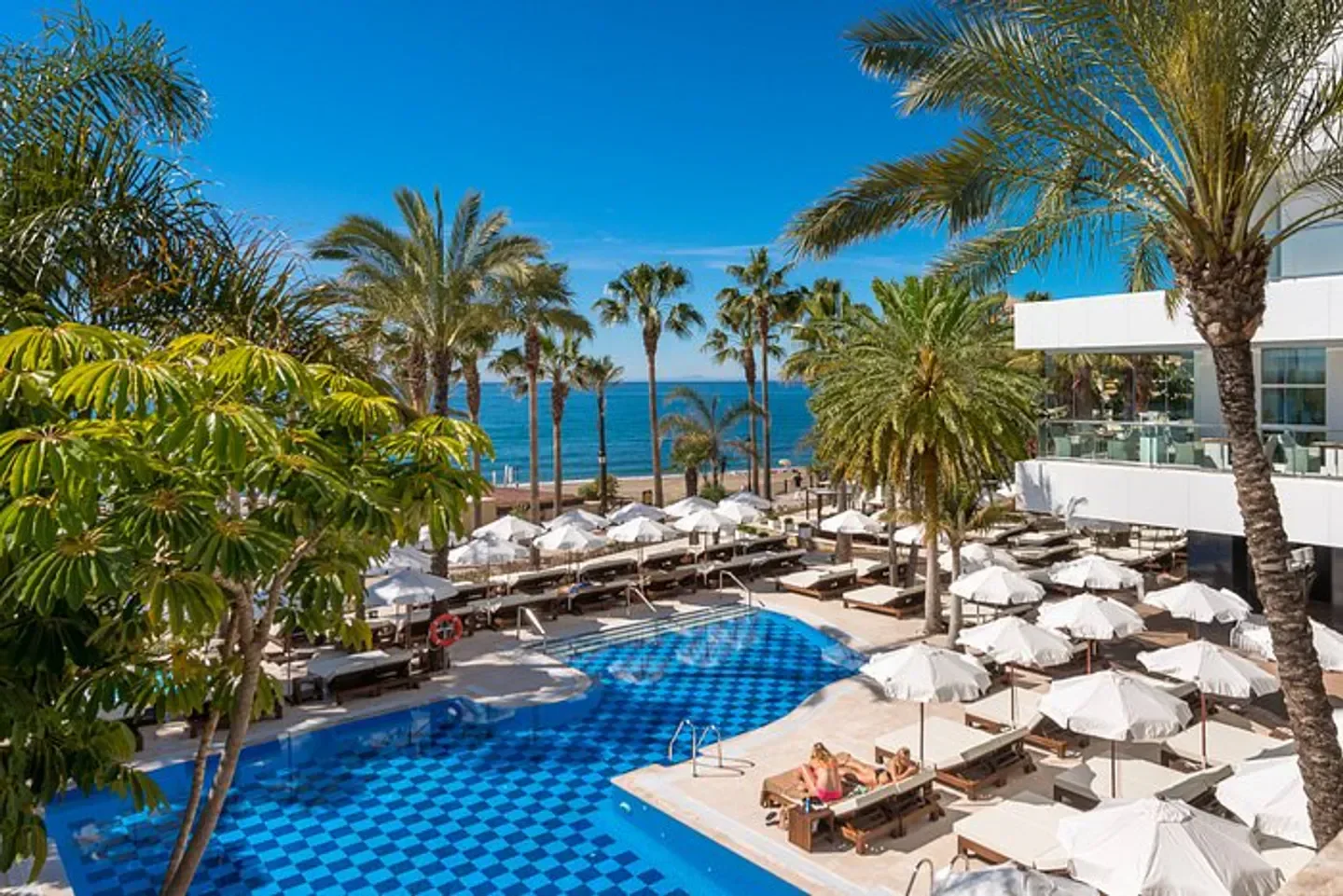 Luxury pool at Amare Beach in Marbella, with beach umbrellas and ocean views.