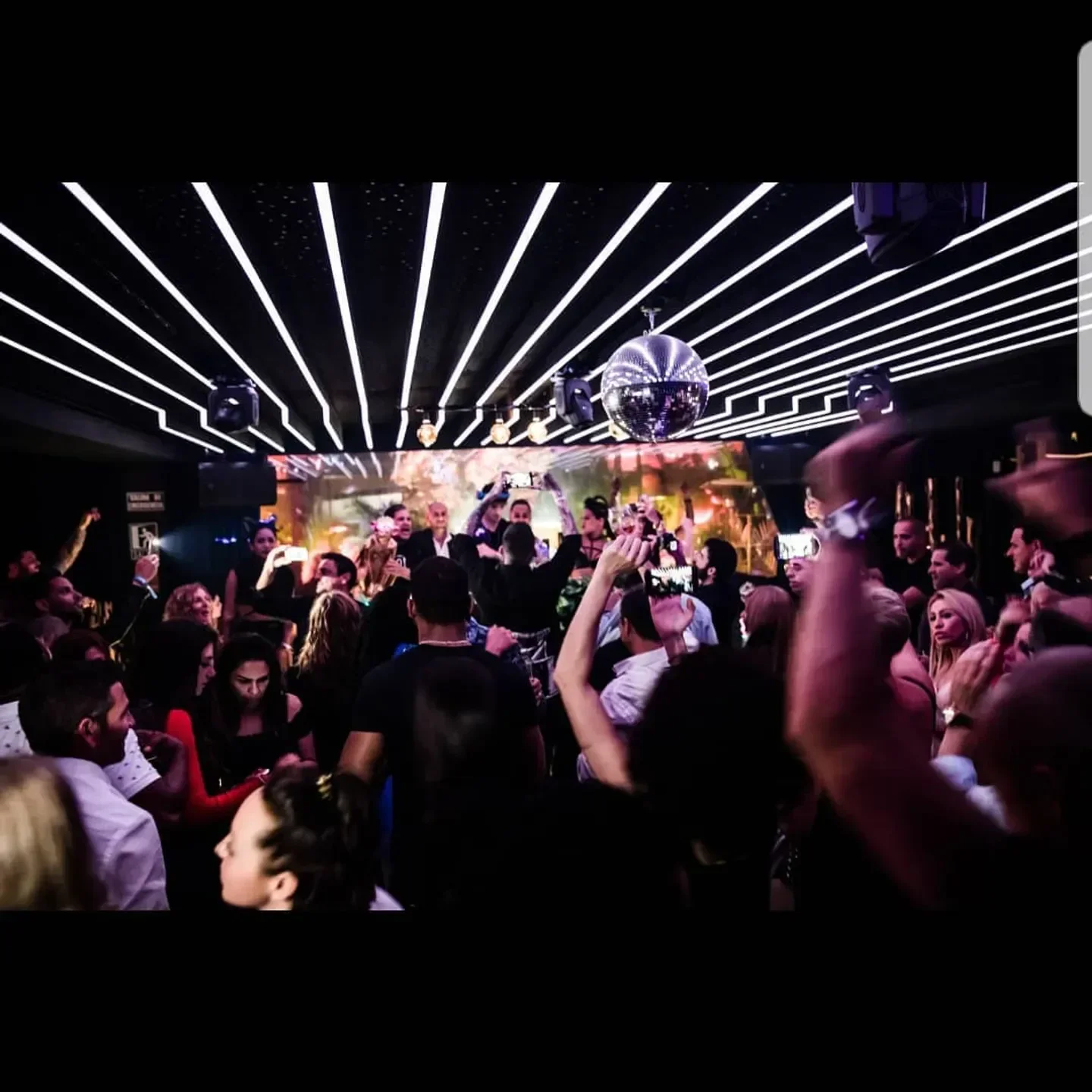 Energetic crowd partying at Bless Marbella nightclub in Marbella, Spain, with disco ball.