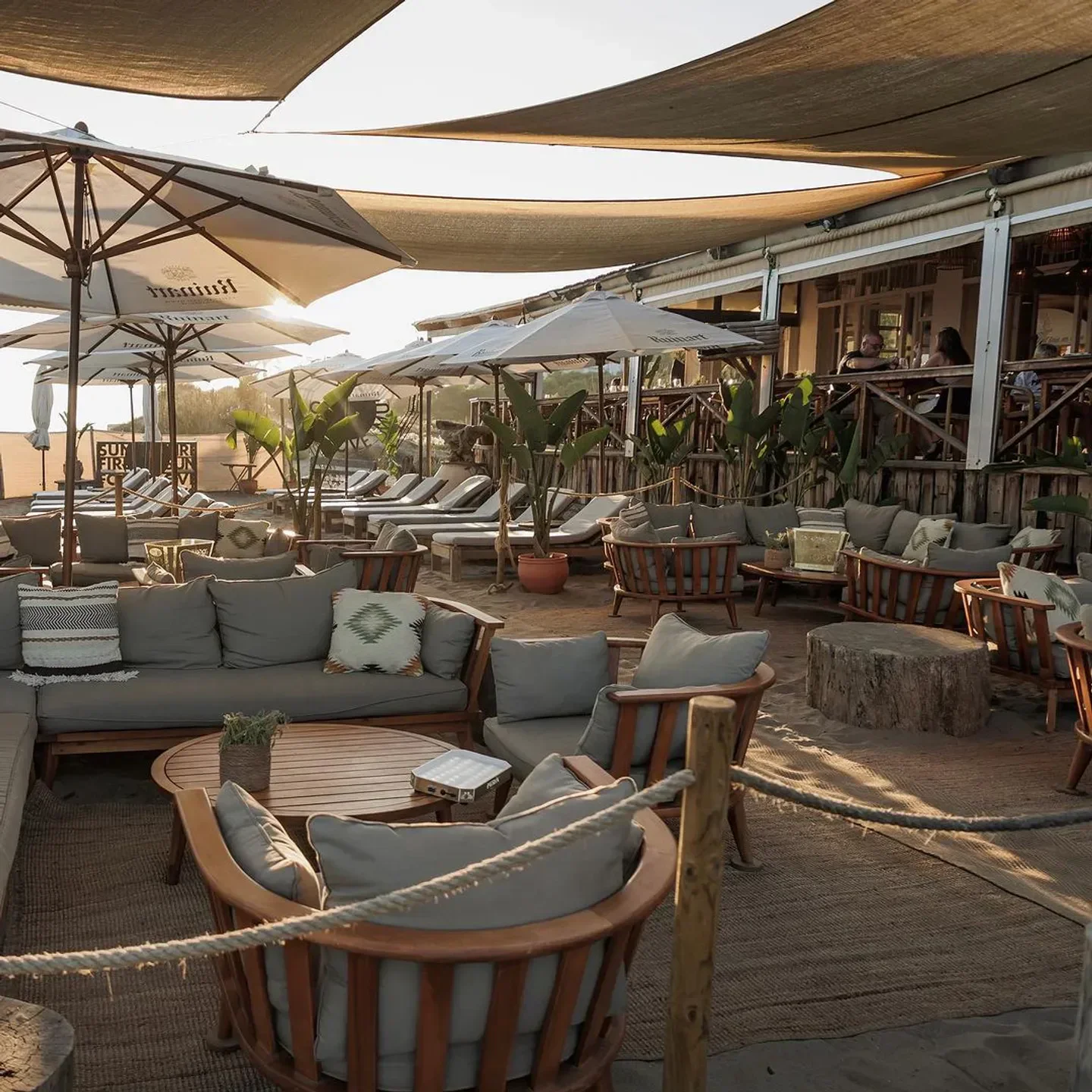 Outdoor seating at Casanis restaurant in Marbella, with beach umbrellas and sofas.