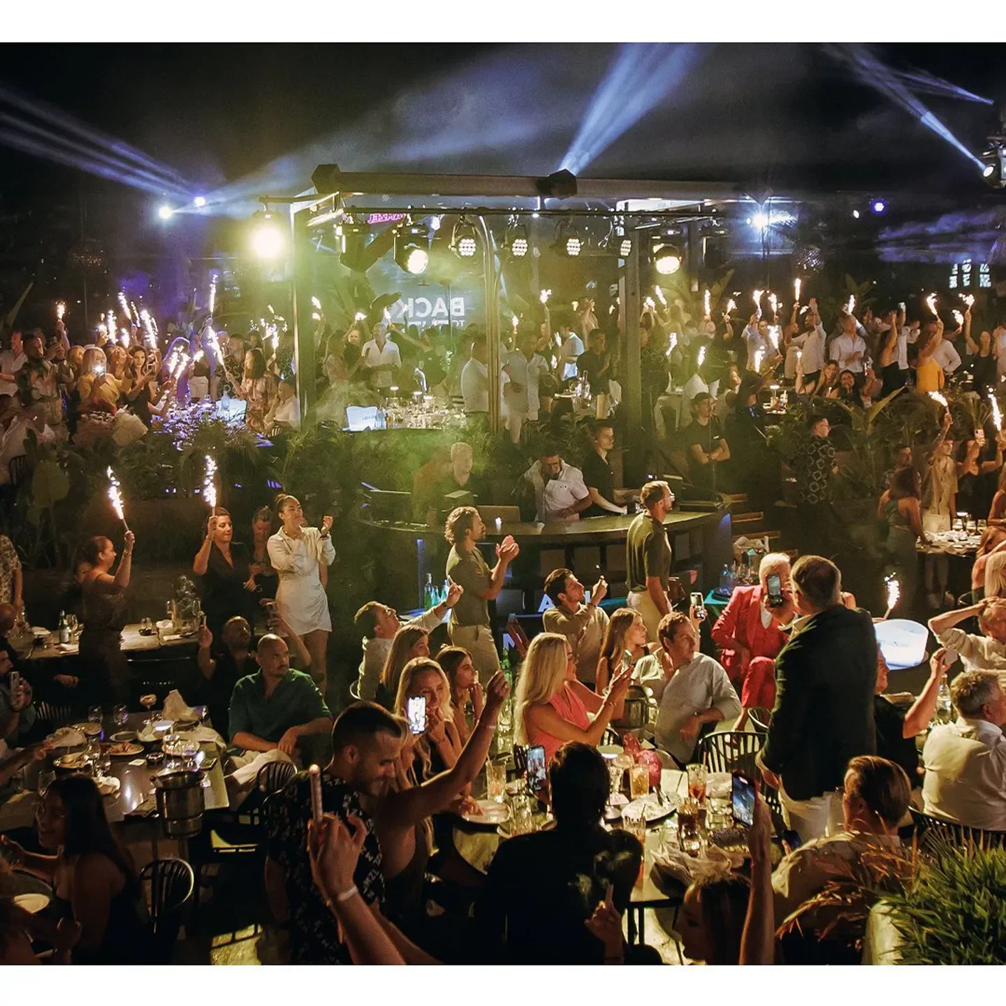 Nightclub Mamzel in Marbella: lively crowd enjoying sparklers and a festive atmosphere.