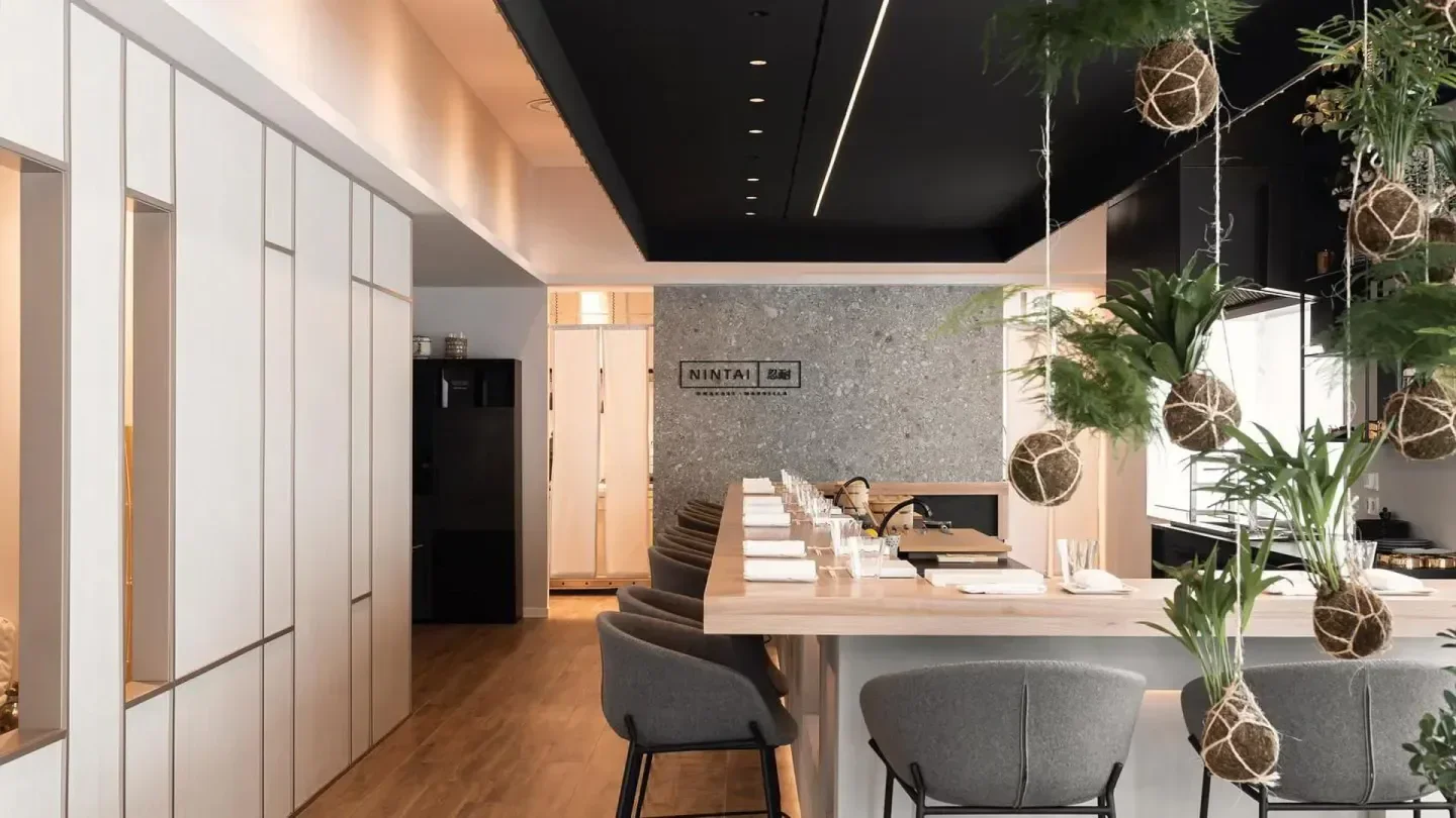 Stylish interior of Nintai restaurant in Marbella, featuring unique hanging plants and bar seating.