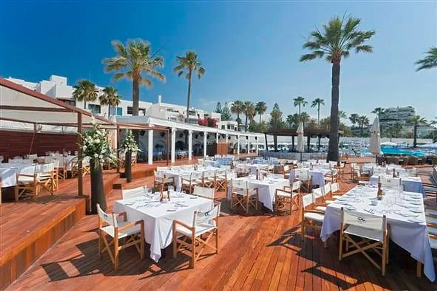 Outdoor dining area at Ocean Club in Marbella, featuring tables, chairs, and palm trees.