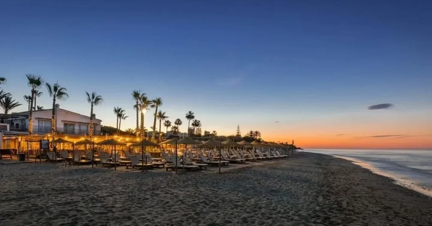 Beachfront at The Beach House in Marbella, beach club with sunset views over the ocean